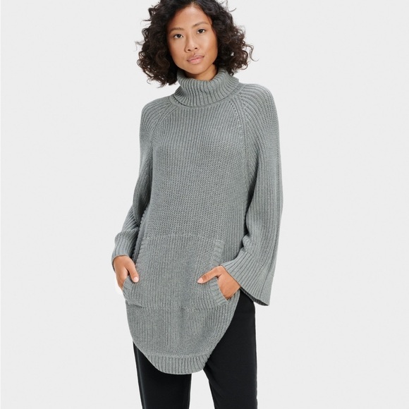 UGG Sweaters - UGG Raelynn Knit Sweater Pullover Grey Turtleneck Poncho Pocket Wool Winter Sz S